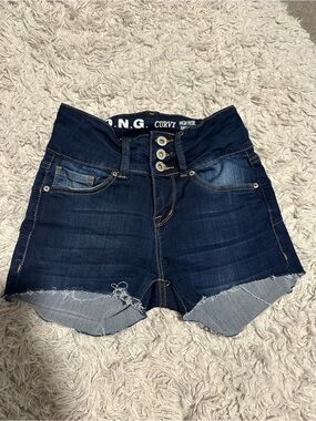 S.O.N.G. High-Rise Curvy Dark Blue Denim Jean Shorts with Triple Button
